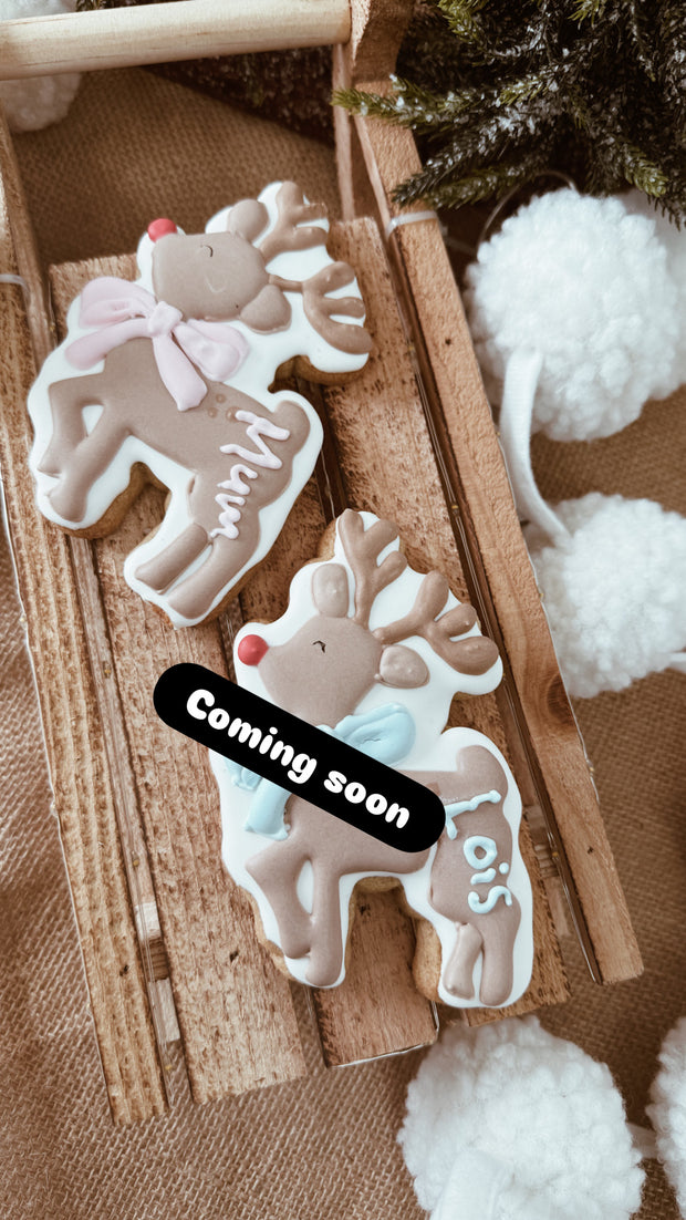 Personalised Reindeer Christmas Cookies – Custom Name Iced Biscuits, Holiday Gift Treats, Reindeer Sugar Cookies with Bow